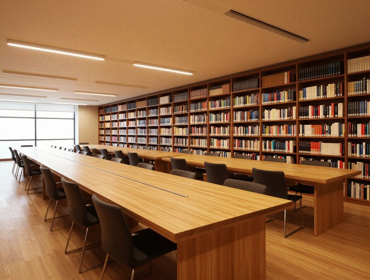 Wide reading room in a contemporary library with long tables, warm overhead lighting, and rows of shelved volumes in dark wood cases