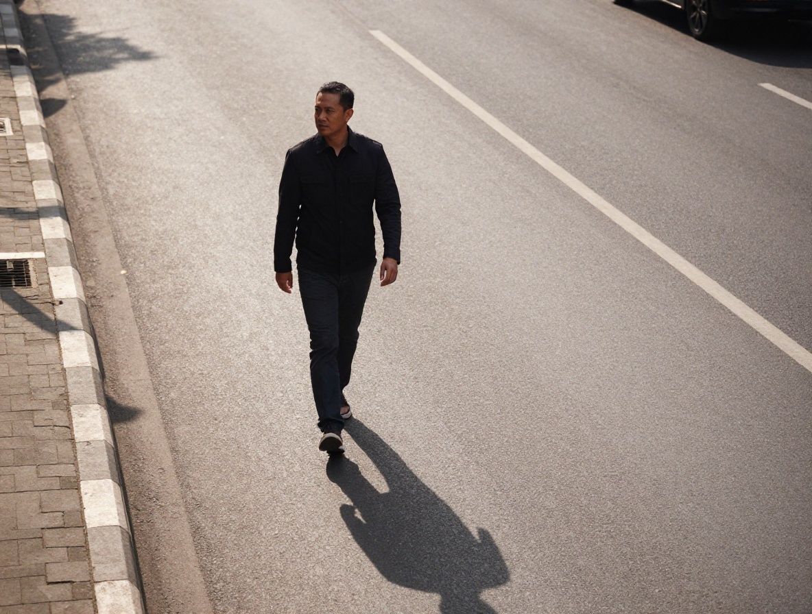 Man walking along a wide urban boulevard in Jakarta, relaxed pace, afternoon light casting long shadows on the pavement