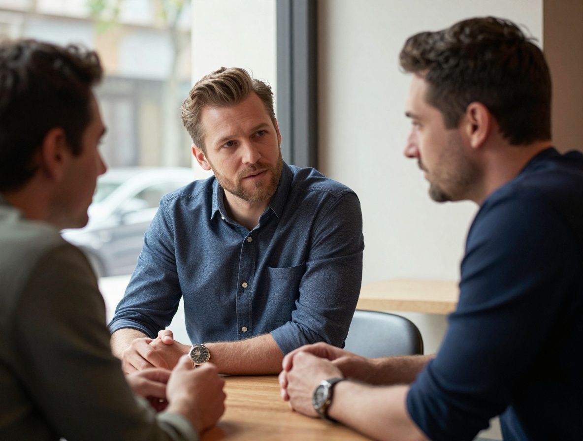Two men in conversation at a cafe table, engaged and attentive, soft natural daylight from a nearby window