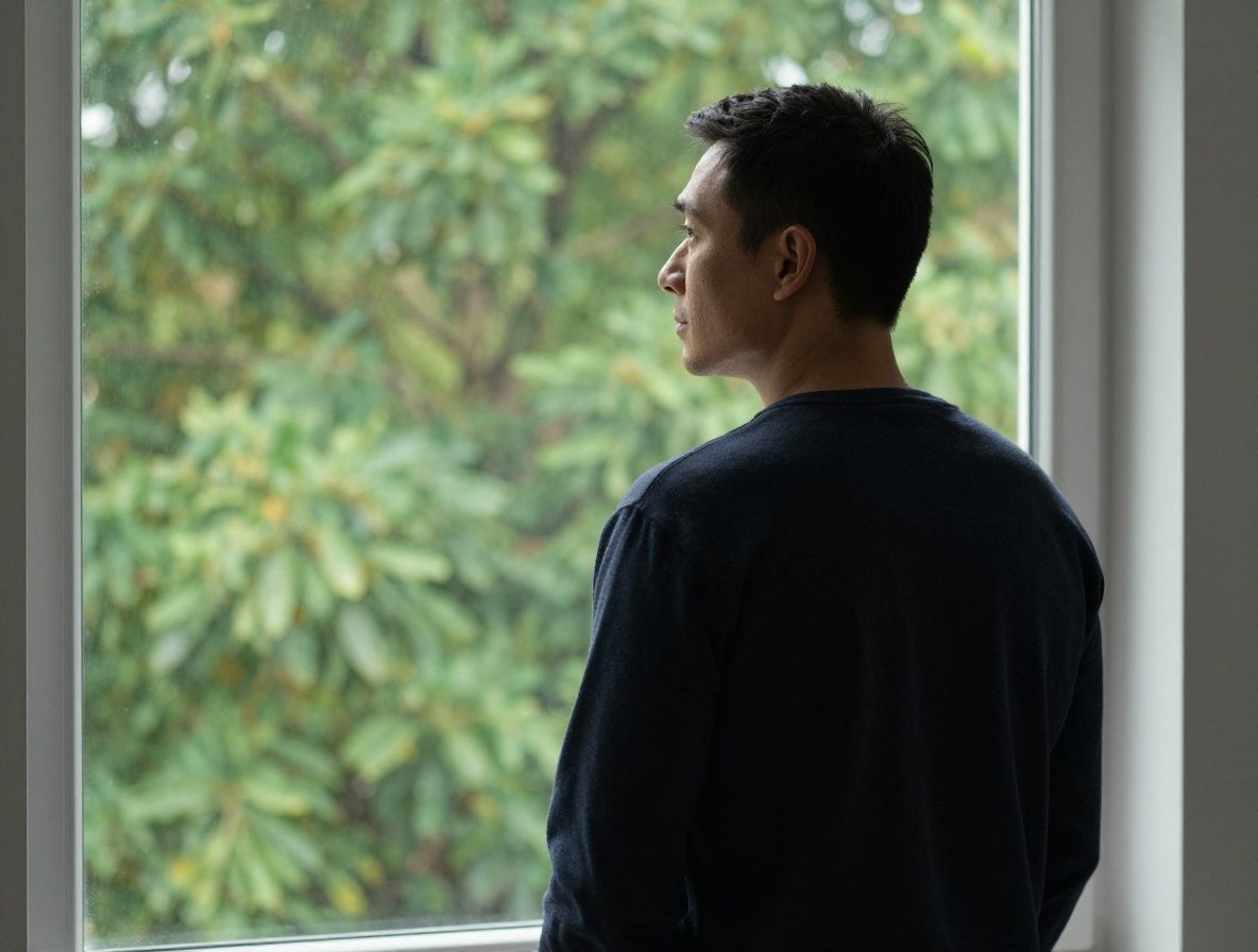 Man in quiet contemplation standing near a window overlooking green trees, looking outward in a calm and reflective state