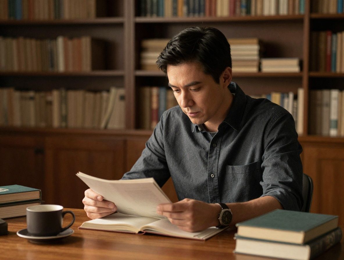 Man seated at a wooden desk in a calm, naturally lit study, reading with focused attention, surrounded by books and warm ambient light