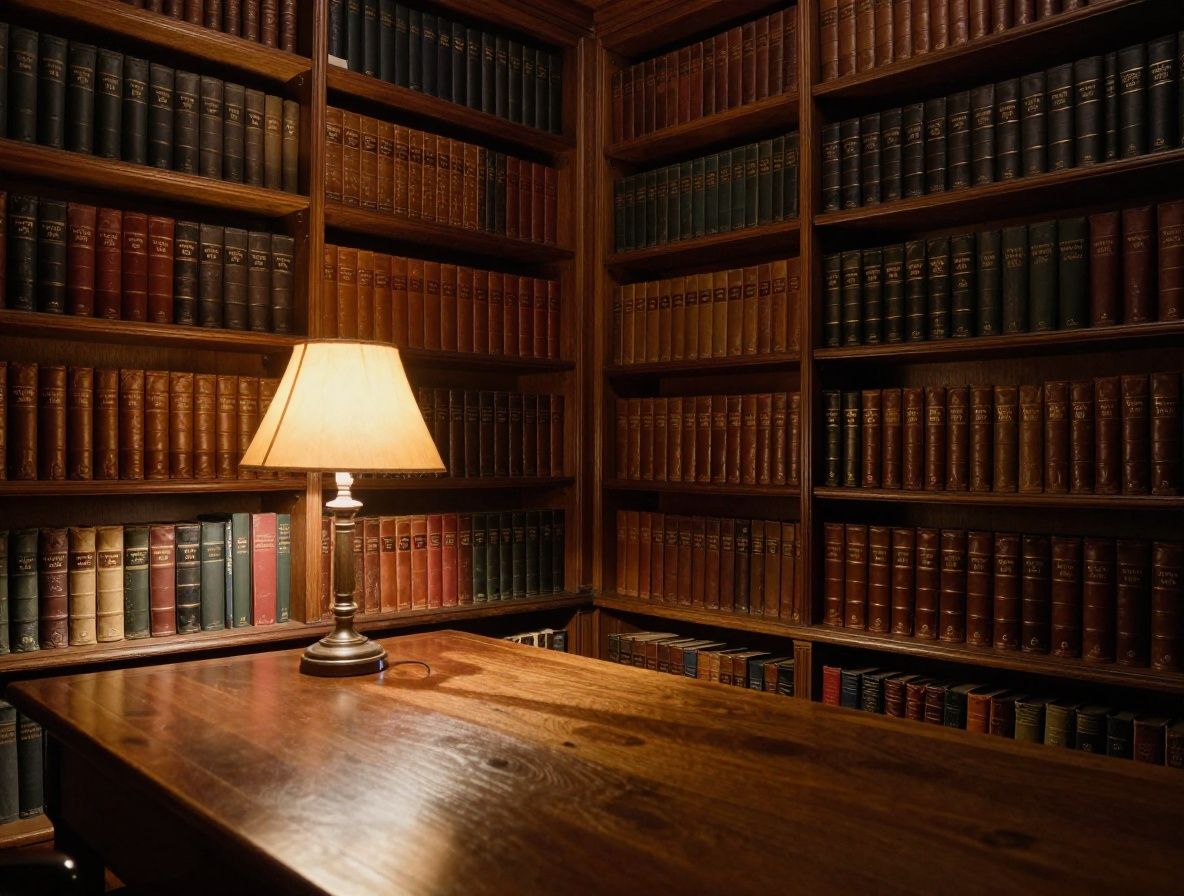 Aged library interior with tall wooden bookshelves, leather-bound volumes, warm lamp light casting long shadows on a reading table